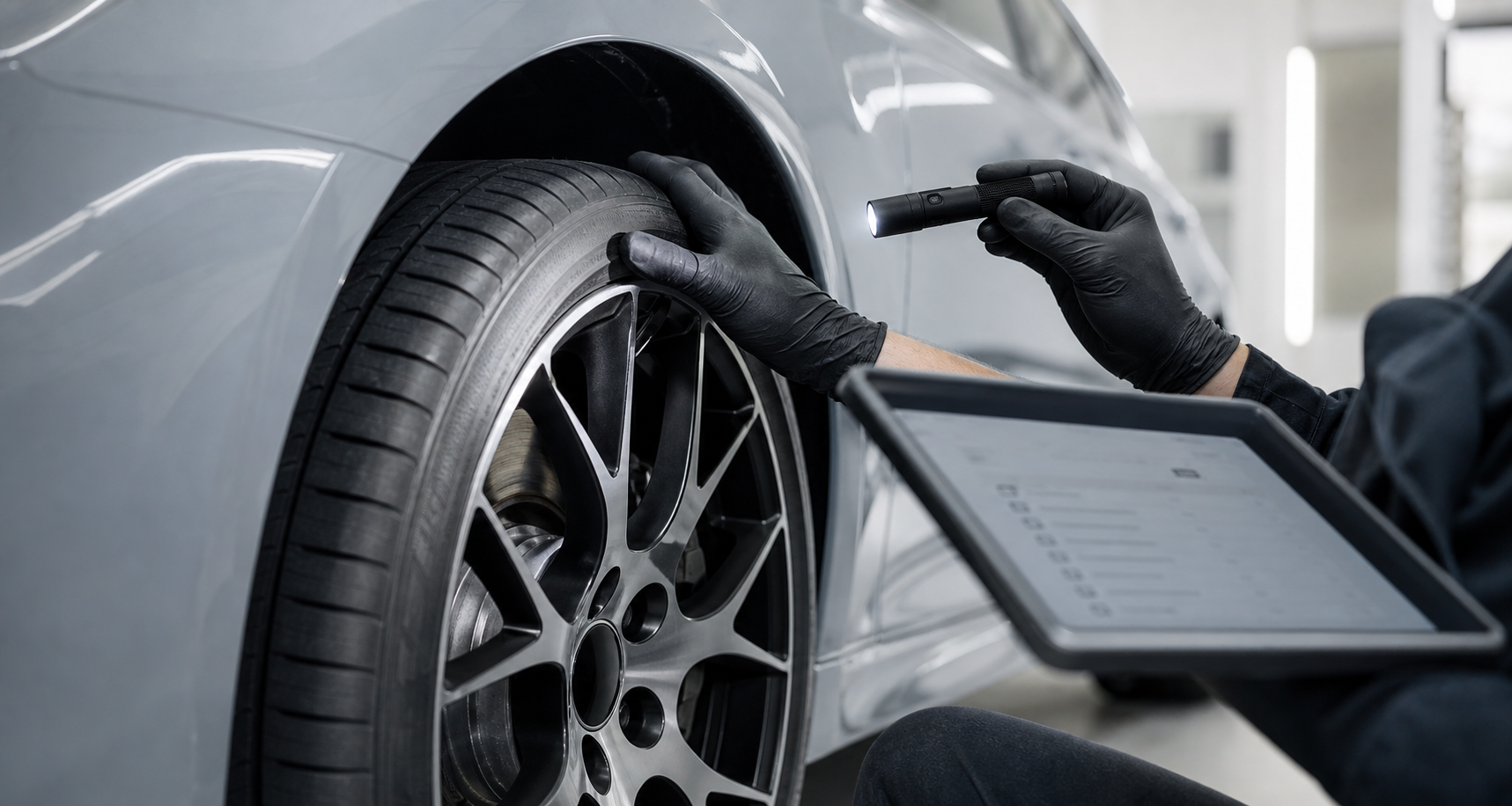 Close inspection of a car wheel and brake area